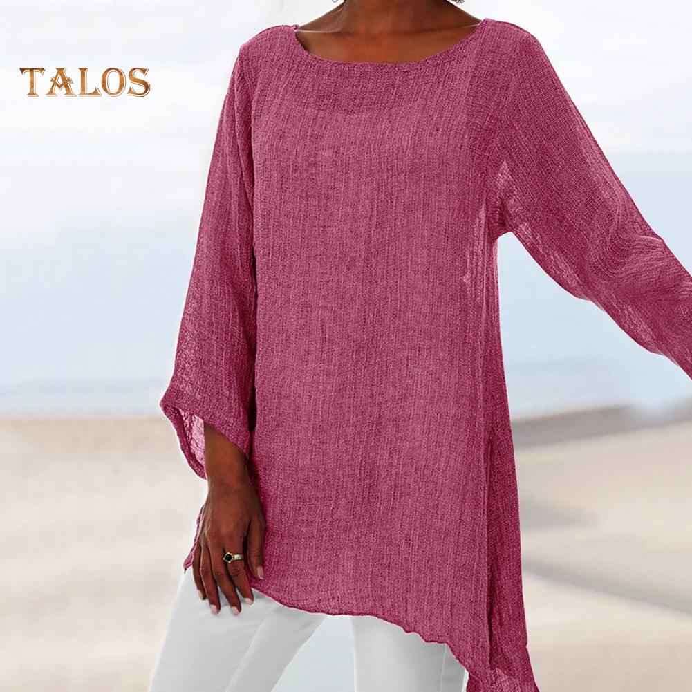 Plus Size Women Fashion Solid Color O-Neck Long Sleeve Irregular Pure Colot Tunic Top T-Shirt