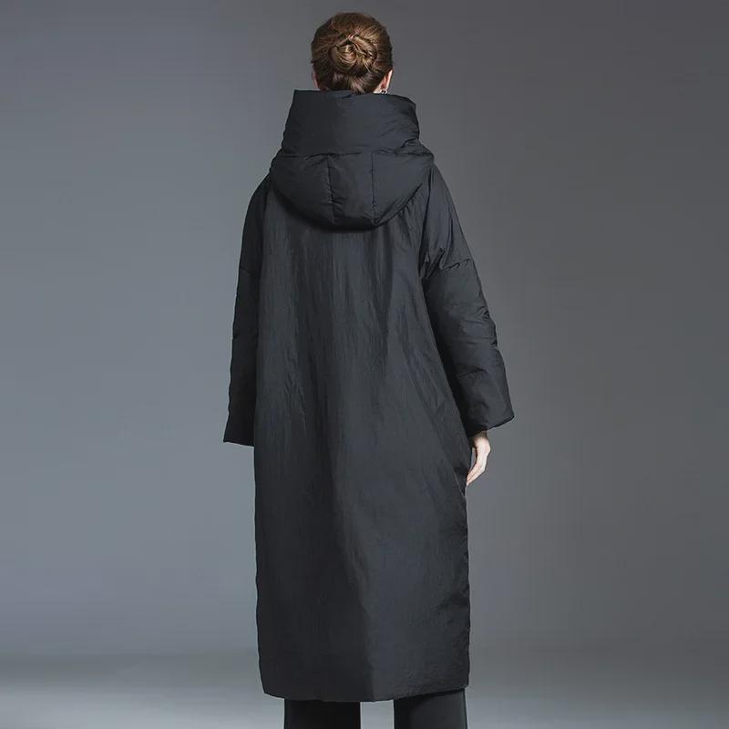 Women's 2024 Knee-Length Hooded Down Jacket - Korean Style, Thick, 90% White Duck Down