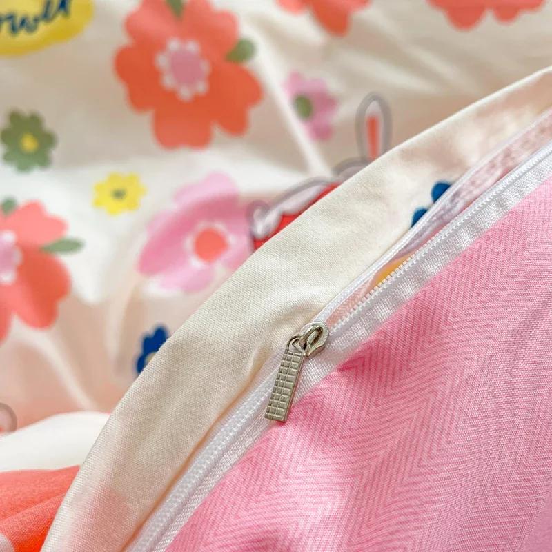 Комплект постельного белья с рисунком кролика Kawaii Bunny, ботанический цветочный принт, наволочка для одеяла, 4 шт., мягкий стираный хлопковый комплект постельного белья с рисунком из мультфильмов