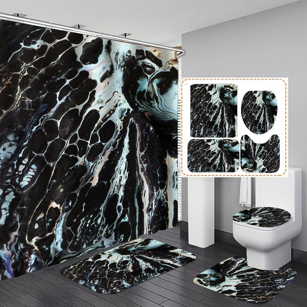 4Pcs Luxury Marble Shower Curtain Sets Bathroom Decor Sets with 12 Hooks Bath Mat Toilet Lid Rug and Non-Slip U Shape Mat