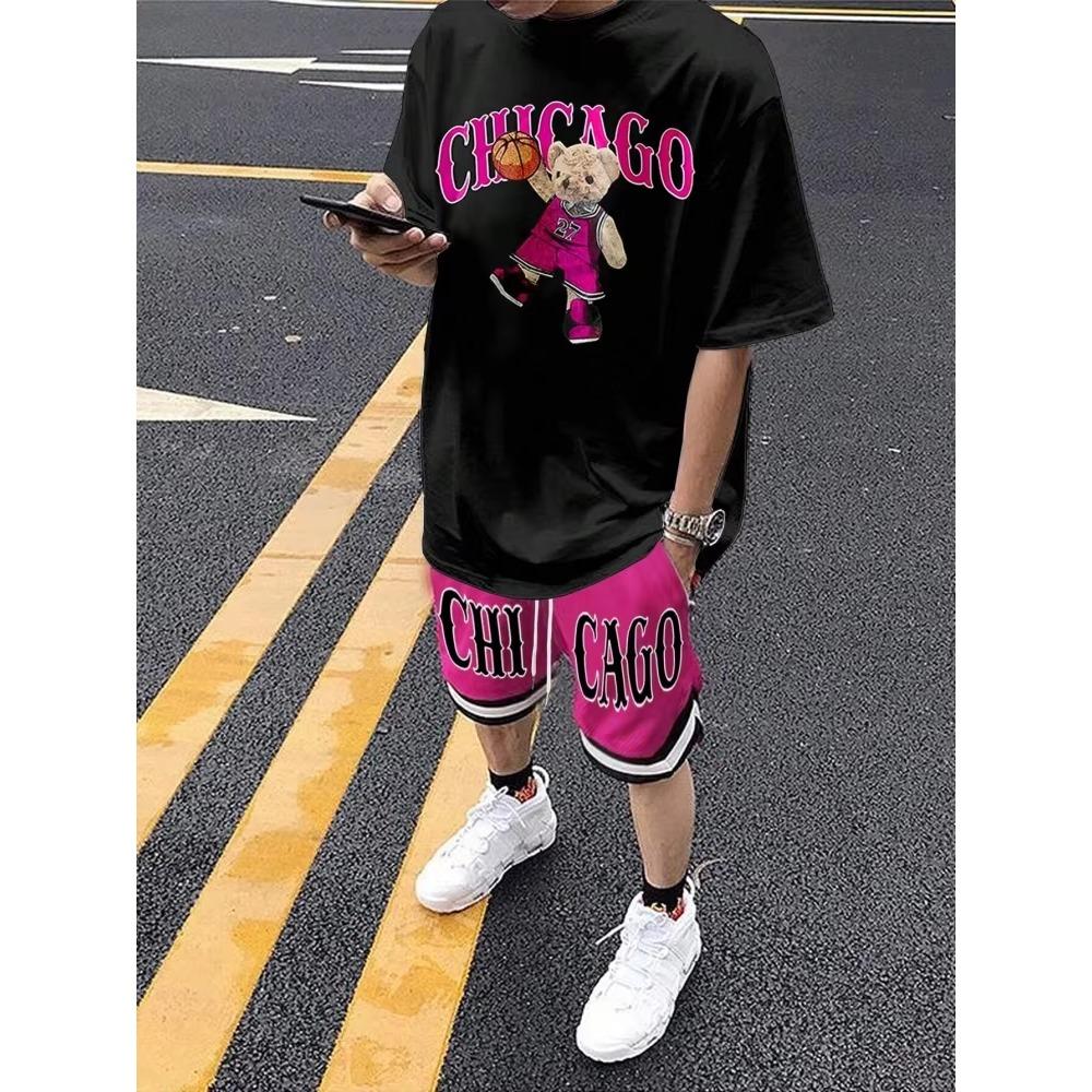 Мужской комплект из 2 предметов с круглым вырезом и коротким рукавом с принтом мультяшного медведя на 3D-принте, уличный модный мужской топ, мужские шорты на шнурке для активного отдыха