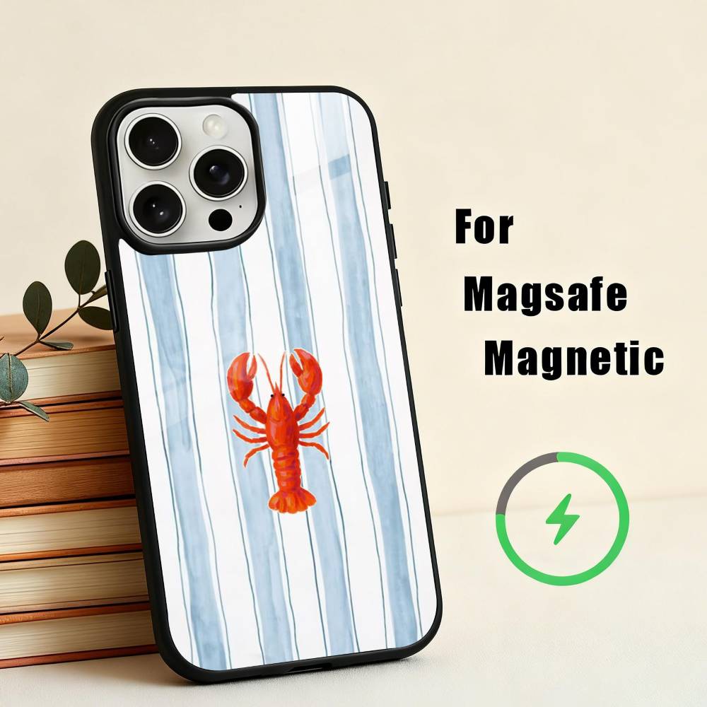 L-Lobster On S-Stripes Ocean Phone Case For iPhone17,16,15,14,13,12,11 Plus,Pro Max Magnetic For Magsafe Wireless Charging