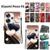 Handmade PU Leather Flip Case for Xiaomi Poco F6 Anti-Slip Shockproof Cover with Wrist Strap & Heart/Rose Cat Designs