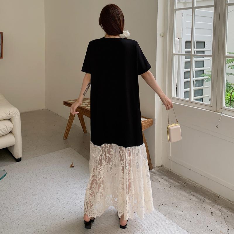 Dimanaf 2025 Лето Плюс Размер Платье Женское Свободное Винтажное Повседневное Базовое Оверсайз Кружевное Сращивание Длинное Платье