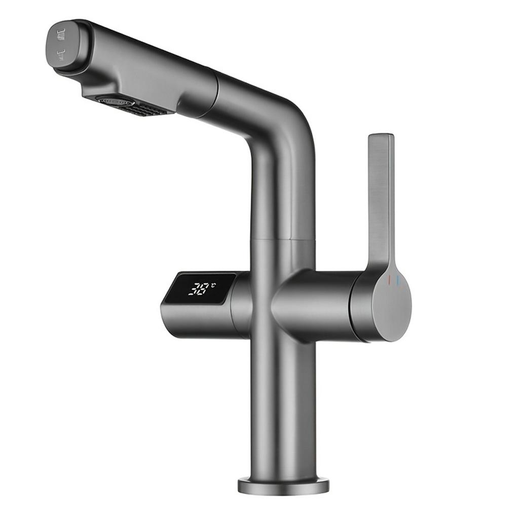 Смеситель для раковины с ЖК-дисплеем и цифровым дисплеем, выдвижной смеситель для раковины, горячий и холодный смеситель для кухни и ванной комнаты, латунный смеситель для раковины, крепление на палубу