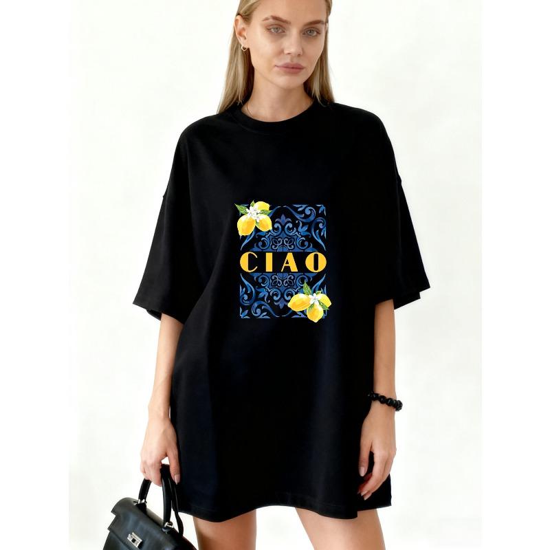 Оверсайз платье-футболка Черное Ciao Lemon Цветочный принт Повседневная летняя одежда