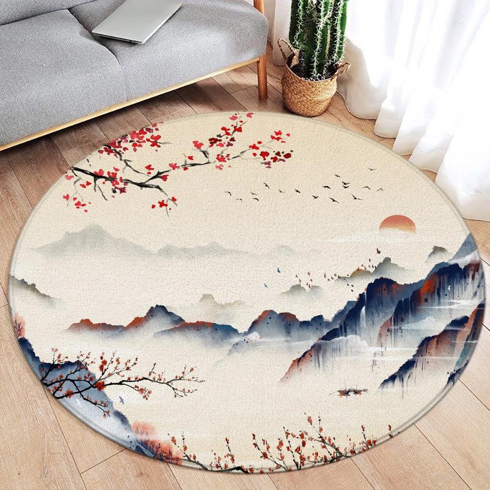 Japanese Style Round Carpet Koi Fish Lotus Cherry Blossom Flower Mountain Water Ink Art Home Living Room Bedroom Decor Floor Rug