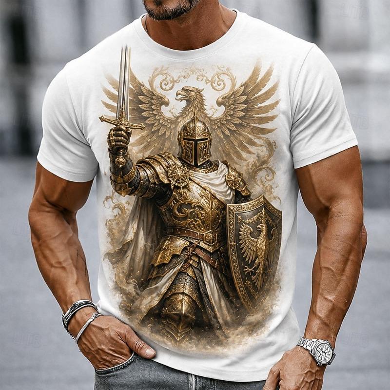Men's Medieval Golden Knight Lion Eagle Castle Print T-Shirt Vintage Crusader Warrior Graphic Crew Neck Short Sleeve Tee