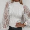 Женский свитер осень-зима белый с полувысоким воротом и кружевным узором с рукавами-фонариками