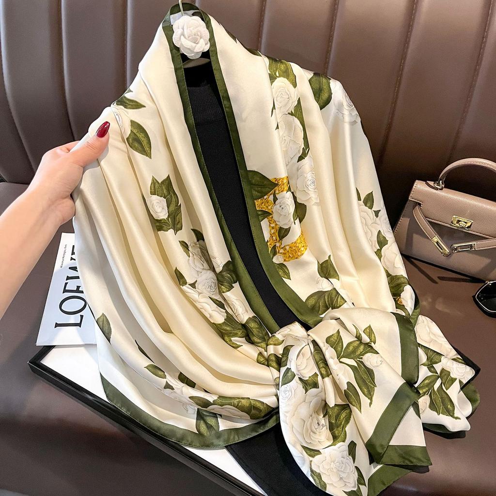 New Spring and Autumn Retro Floral Cranes Temperament Simulation Silk Large Long Scarf Sunscreen Outwear Shawl Female Silk Scarf
