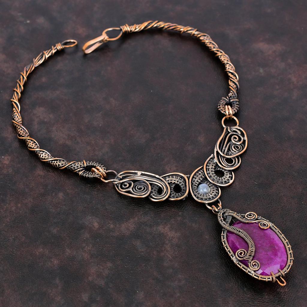 Ожерелье из граненого кашмирского рубина, обернутое медной проволокой, радужное ожерелье из лунного камня, ручная работа, медные украшения, ожерелье из настоящего драгоценного камня, подарок для матери