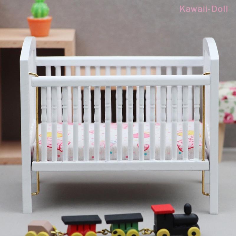 White Miniature Bed Baby Crib Baby Bed Model 1:12 Dollhouse Bedroom Furniture Decor Toy Doll House Accessories