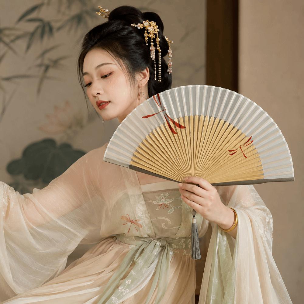 Chinese Style Folding Hand Fan Bamboo Frame Women's Dance Fan Retro Handheld  Fan  Home Use