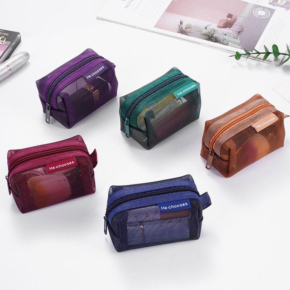 Zipper Mesh Makeup Bag Retro Color Toiletry Storage Bag Fashion Transparent Cosmetic Bag  Lady