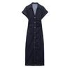 2025 Spring Women's Slim Waist-Cinching Lapel Denim Midi Dress