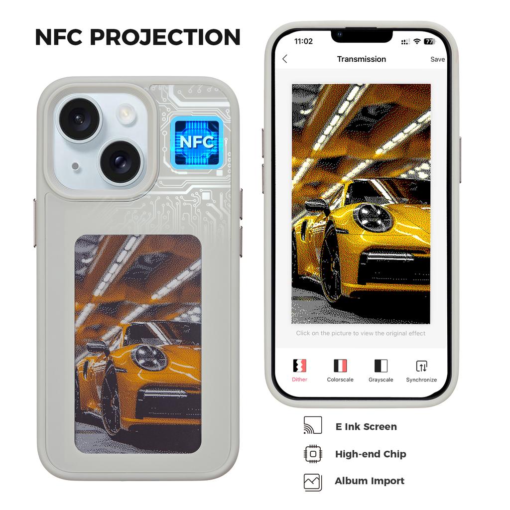 INKZONE Чехол для iPhone 13/14 PC+TPU 4-цветный E Ink чехол DIY Смарт-дисплей Настраиваемая крышка для телефона