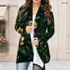 Women Plus Size Long Sleeve Open Front Black Floral Printed Draped Collar Curved Hem Cardigan