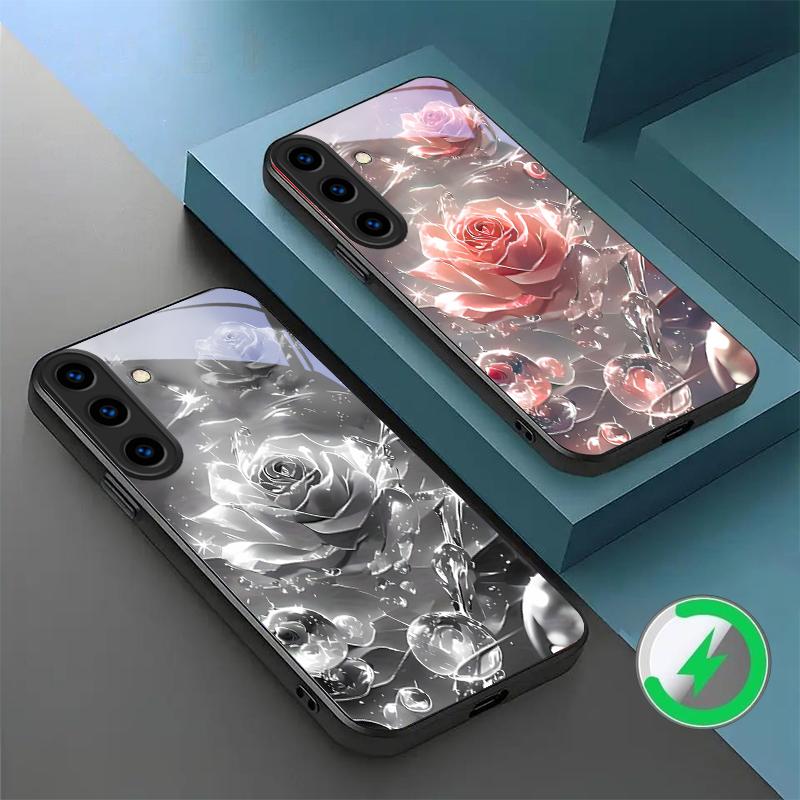 Розы цвета ледяного кристалла Для Samsung Galaxy S26 Ultra S20 FE S21 S22+ S23 Plus S24 Ultra 25 Edge Для Magsafe Стеклянный чехол для телефона