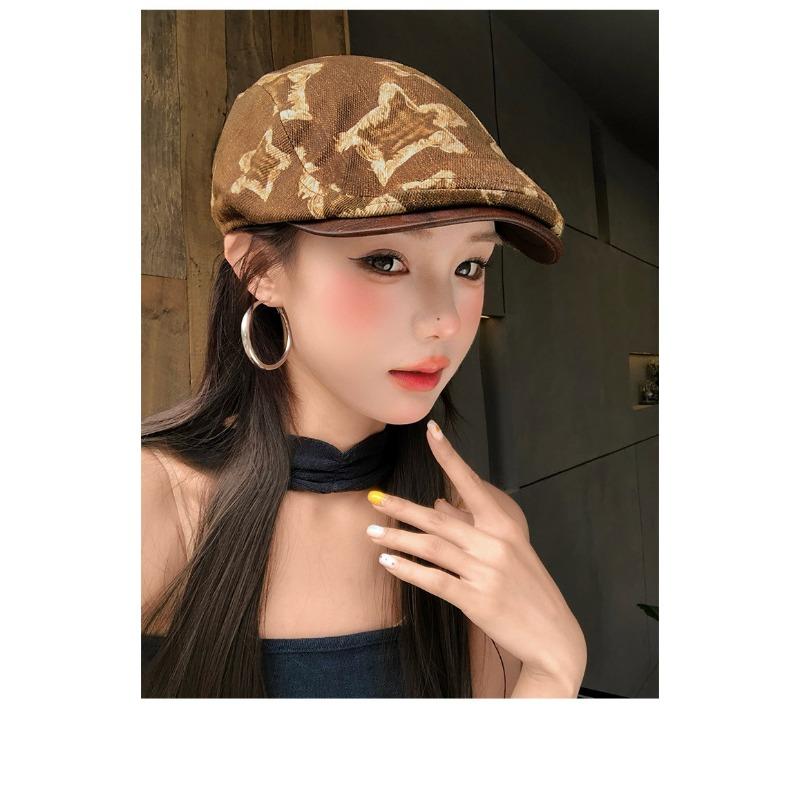 Women S Vintage Star Print Flat Top Cap Korean Style Fashionable Hat