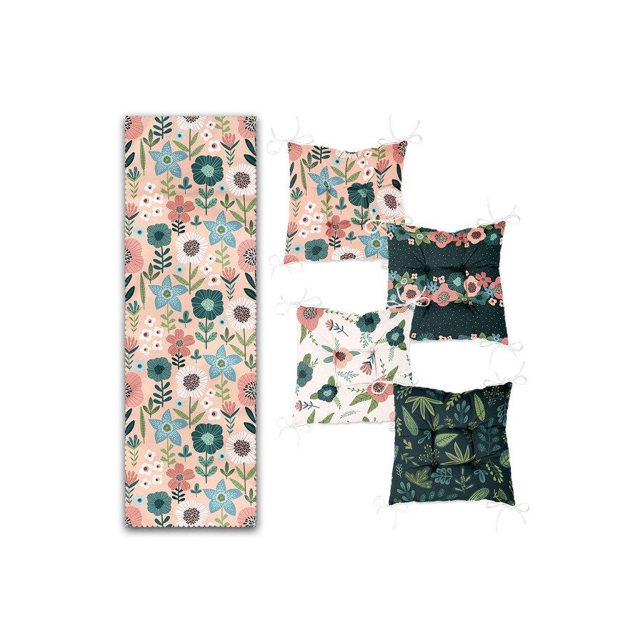 Набор подушек для стула с цветочным узором, цифровая печать / 4 квадратных подушки для стула 40 × 40 см и 1 дорожка