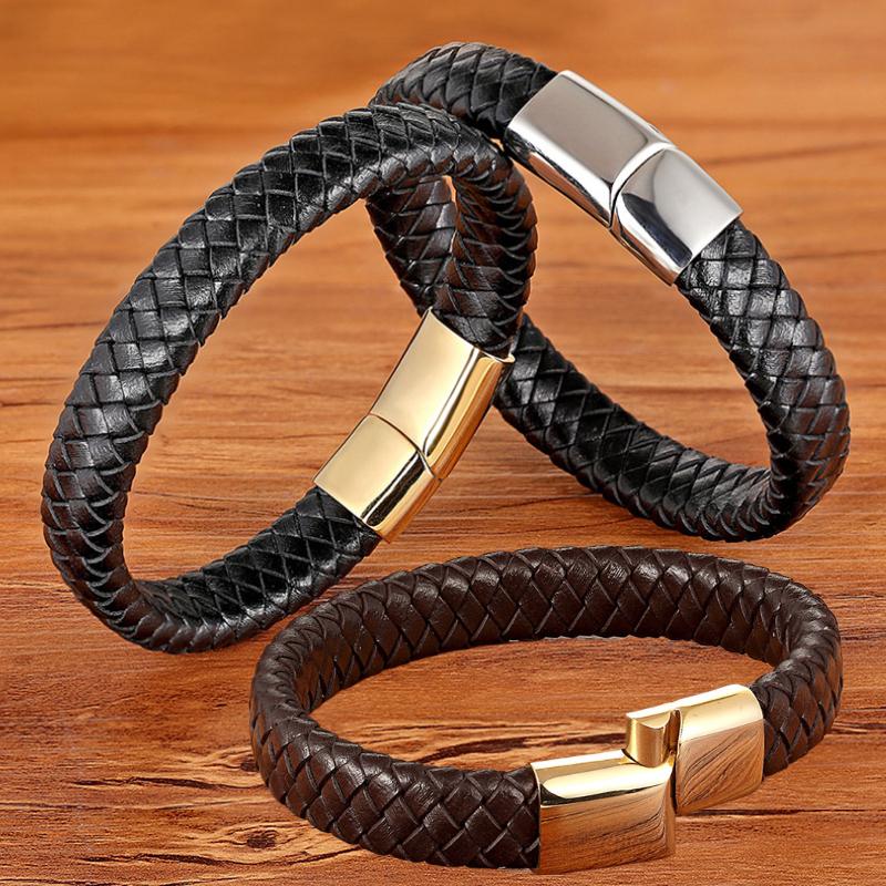 Retro Hip Hop Stainless Steel Leather Woven Bracelet Simple Black Brown Magnetic Buckle Couple Bracelet Men's Everyday Casual Wear Jewelry Accessories