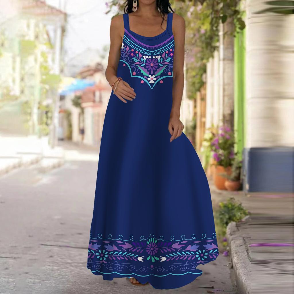 Женское платье-комбинация Длинное платье макси Синее платье с вышитым цветочным принтом Весна и лето Для отдыха и отпуска