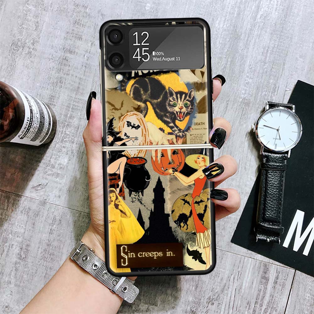 Halloween Fall Art Witch Cat Cases For Samsung Galaxy Z Flip 4 5 6 7 3 Z Flip7 Flip6 Flip4 Flip5 Flip3 5G Hard Shockproof Fundas