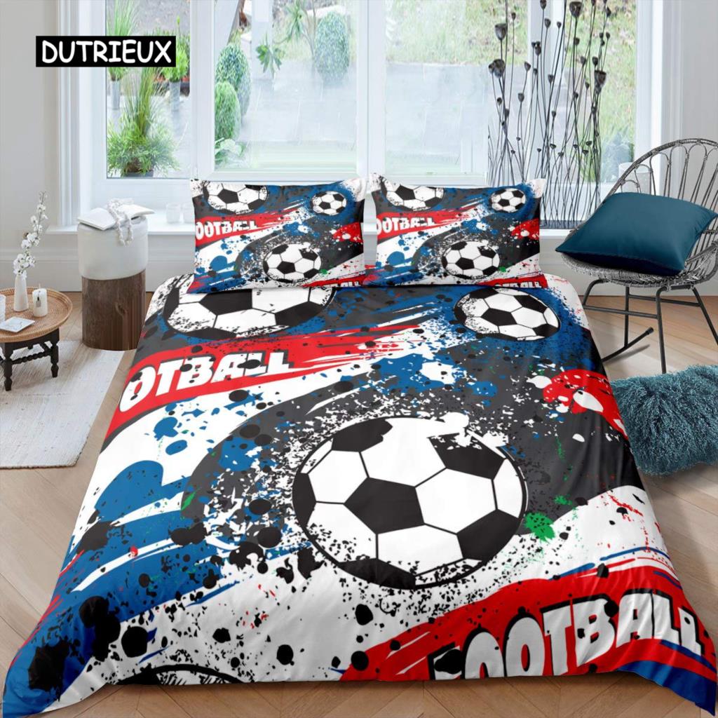 Футбольный комплект пододеяльников с рисунком футбольного мяча Комплект постельного белья с спортивной тематикой Микрофибра Цветной гранж-стиль Двуспальное одеяло King