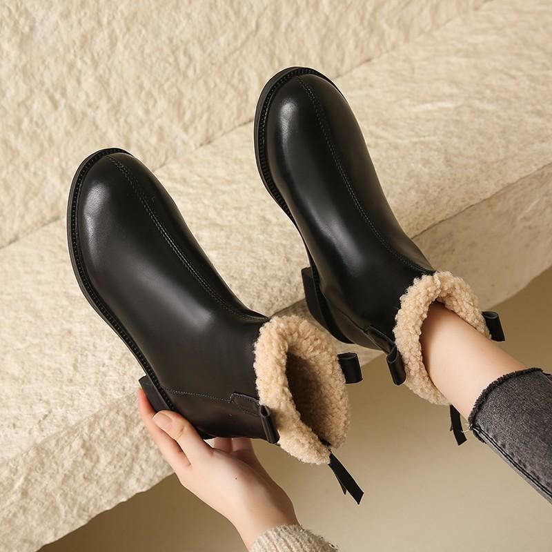 Короткие флисовые ботинки женские зимние 2025 года, новые толстые каблуки, круглые ботинки Martin, модные, простые и теплые, большие хлопковые ботинки больших размеров