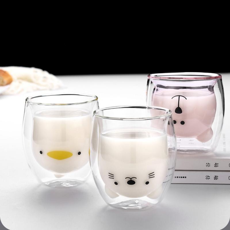 Креативная двухслойная кофейная кружка с милым медведем, двойная стеклянная чашка, картонная чашка для молока с изображением животных, женская милая кошка, утка, собака, подарок, Рождественский подарок