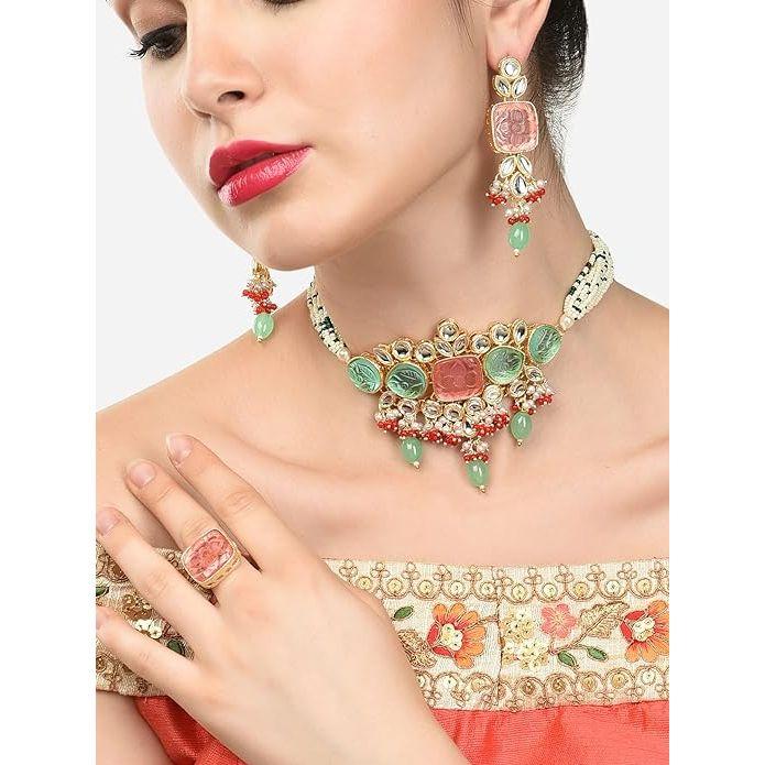 Многоцветные камни и бусины, многорядное колье-колье Kundan из бисера, ожерелье, серьги и кольца, комплект для женщин