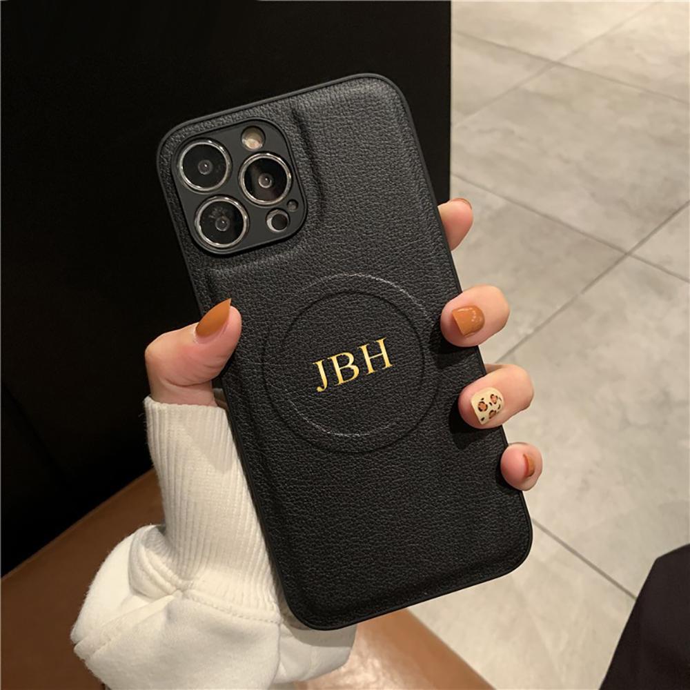 Personalized Case For iPhone 11 12 13 14 15 16 17 Pro Max Initials Name Wireless Charging For Magsafe Leather Cover