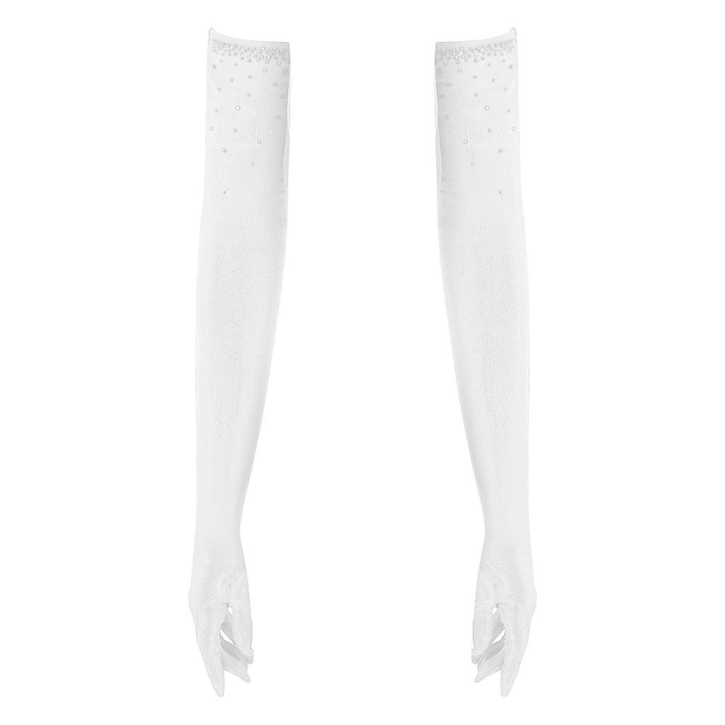 Womens One Pair Mesh Dance Gloves Glittery Rhinestones Five Finger Full Length Gloves Performance Accessory