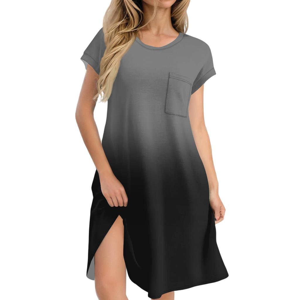 Женское модное повседневное летнее платье с градиентным принтом, коротким рукавом, круглым вырезом и карманами