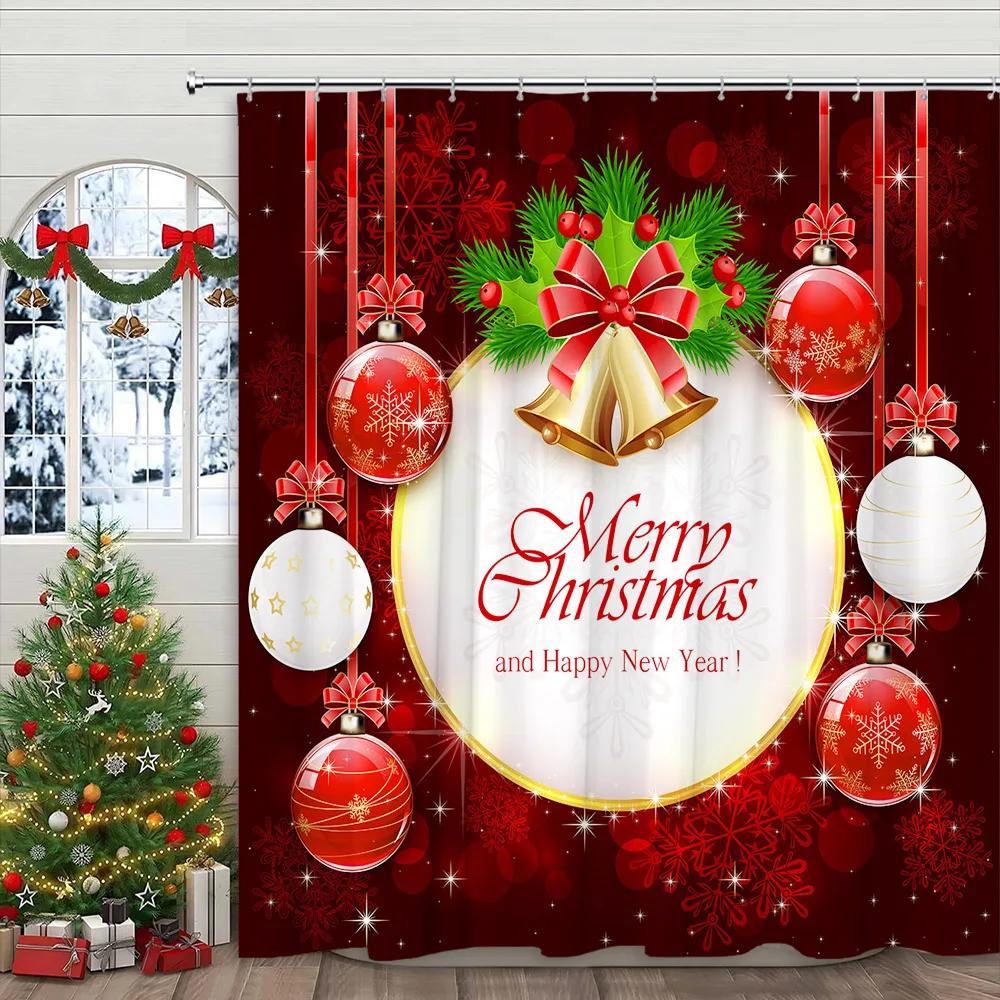 Christmas Ball Shower Curtain Christmas Pine Tree Gift Winter Snowflake Cartoon Family Polyester Fabric Bathroom Decor Curtains
