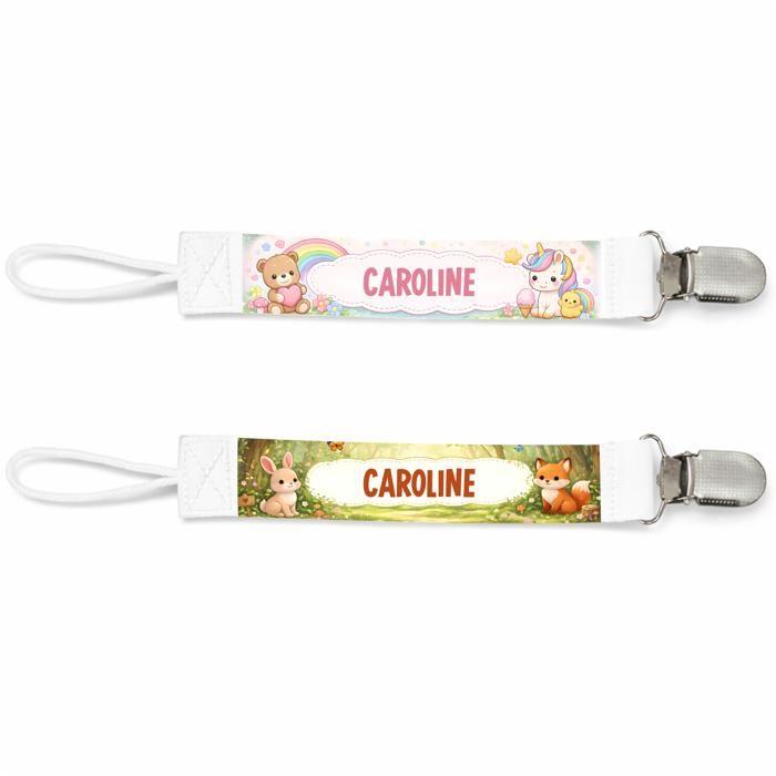 Planetee Lot de 2 Attaches Tétine pour Caroline Animaux Mignons - Attache Sucette Personnalisée Bébé Fille Cadeau Naissance