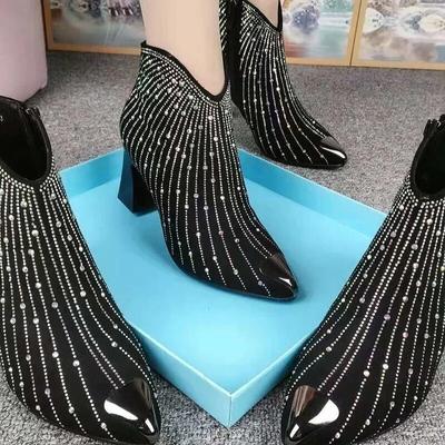 2022 Новые женские ботильоны со стразами, модная осенне-зимняя обувь, блестящие короткие туфли, молния сбоку, острый носок, черный цвет