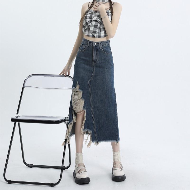 Irregular Retro Denim Midi Skirt Women Summer High Waist Slim Split A-line Skirt Female Streetwear Casual Vintage Y2K Blue