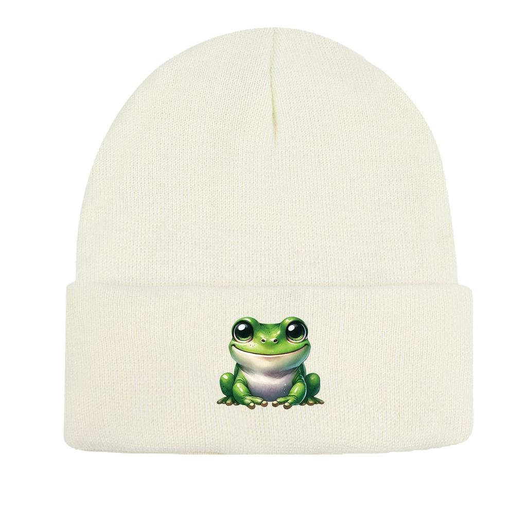 Smiling Frog Warm Knitted Hat Beanie, Woman Cap Cuff Winter Trendy Headwear Knit Cap Beanie