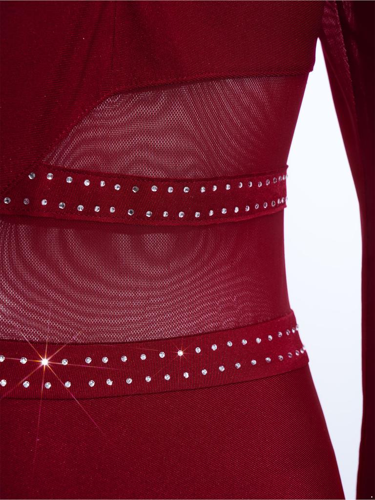 Women Shiny Rhinestones Patchwork Sheer Long Sleeve Color Block Gymnastics Leotard Bodysuit