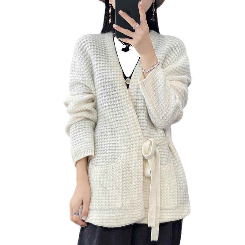 Women's 2023 Loose Cashmere Tie-Up Sweater, Long Sleeve, Pure Wool, Knitted Cardigan with % Collar for Spring