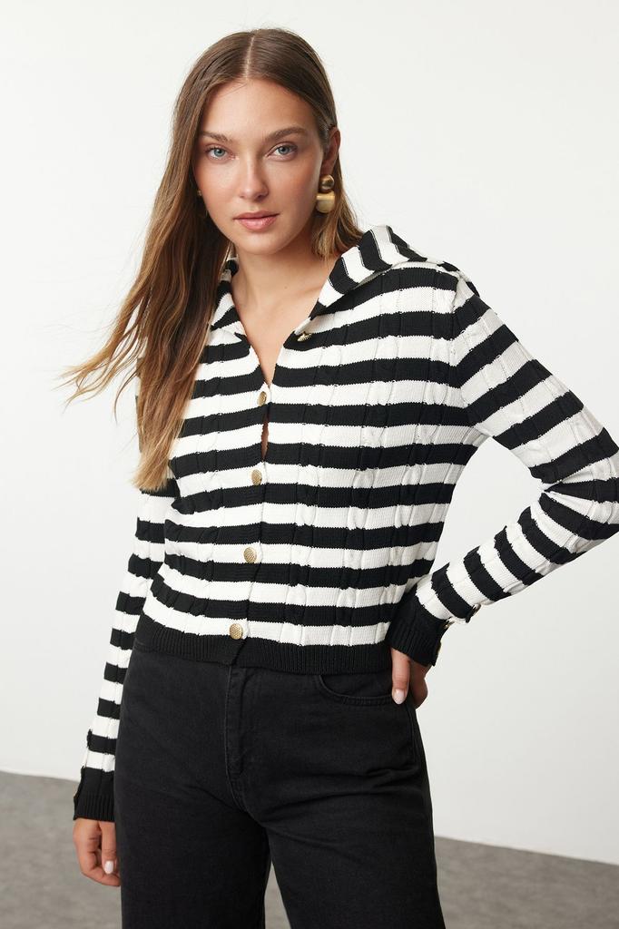 Женский модный стильный кардиган цвета экрю с отложным воротником и детальным трикотажным кардиганом