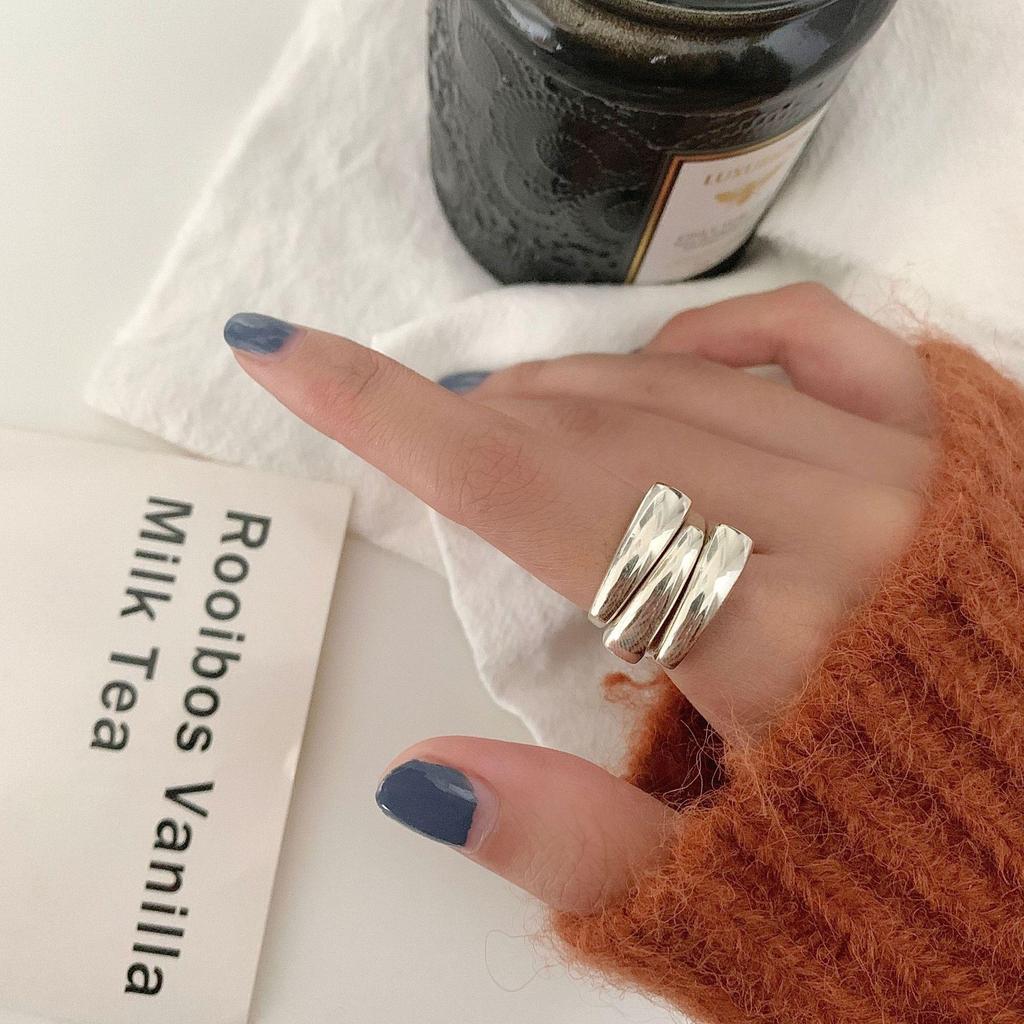 Korean S925 Silver-Plated Three-Layer Retro Hip-Hop Stacking Ring for Women