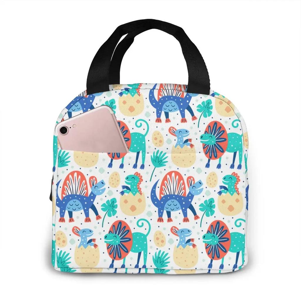 Cartoon Dinosaur Canvas Portable Cooler Lunch Bag Fashion Thermal Insulated Food Bags Food Picnic Lunch Box Bag for Adult Kids