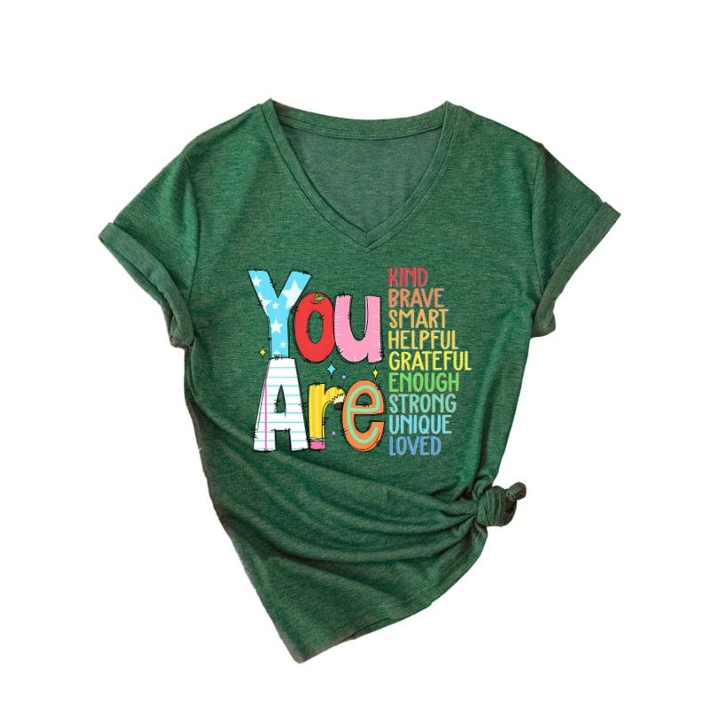 Летний топ с V-образным вырезом и вдохновляющим текстом, модные повседневные женские футболки с коротким рукавом