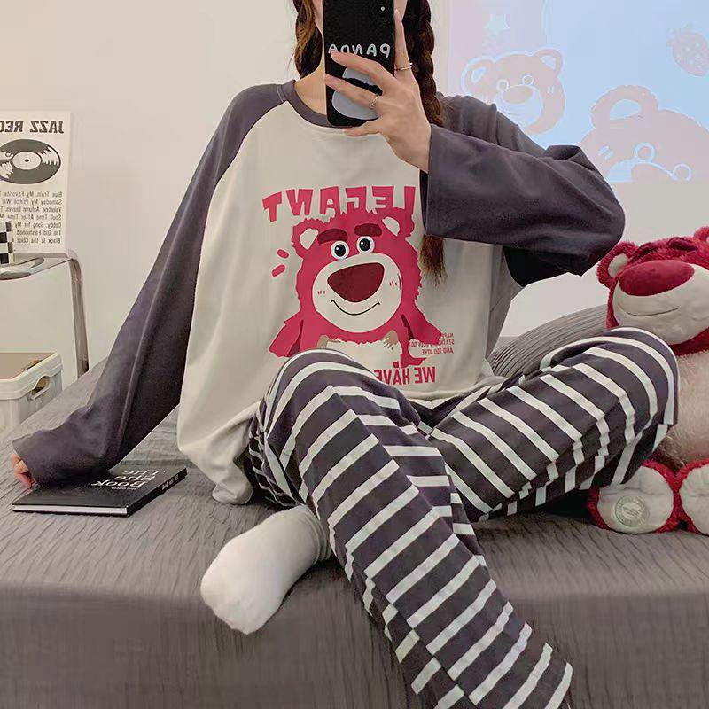 Женский пижамный комплект с длинным рукавом - Милый мультяшный принт, Большой размер, для весны и осени, для дома/улицы