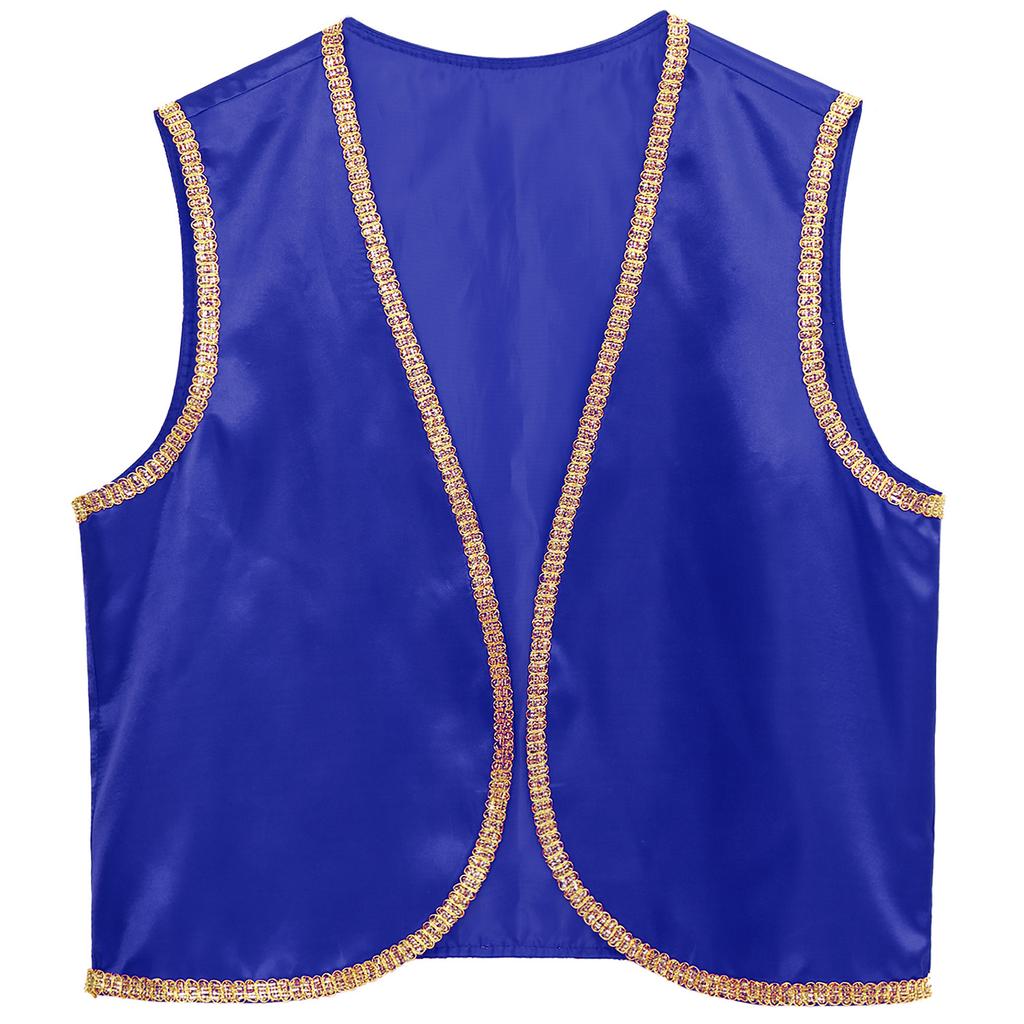 Мужской жилет с пятнами арабского принца на Хэллоуин, блестящая золотая отделка, открытый передний изогнутый жилет, индийские арабские костюмы для косплея