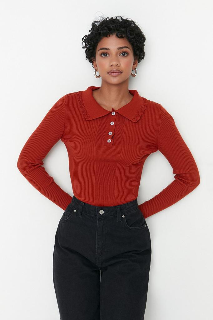 Женский модный новый свитер Изумрудно-зеленый трикотаж с вырезом поло