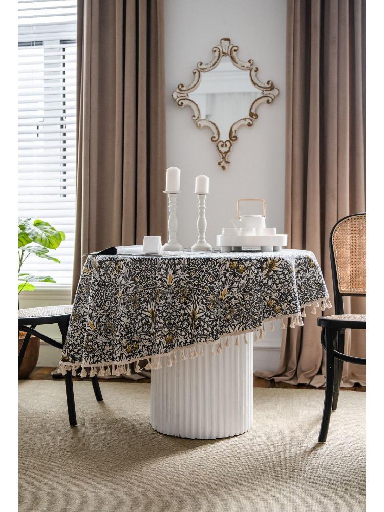 Decorative Tablecloth with Rice Base, Small Floral Print Round Green Fringe Cloth - Suitable for Holiday Dining Rooms, Living Rooms, Family Gatherings