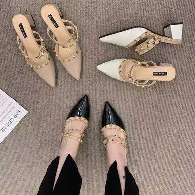 2025 новый летний французские заклепки высококлассные туфли на высоком каблуке с сумкой голова полушлепанцы женские остроносые на толстом каблуке с юбкой сандалии